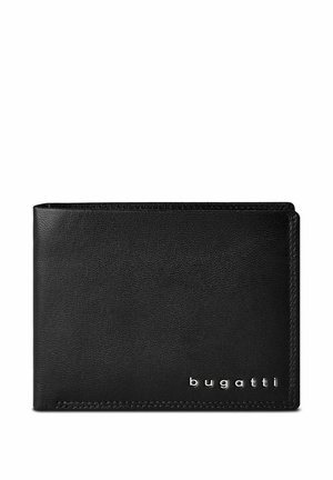 Zwarte leren bifold portemonnee met zichtbare stiksels en zilveren "bugatti" logo op de voorkant rechtsonder.