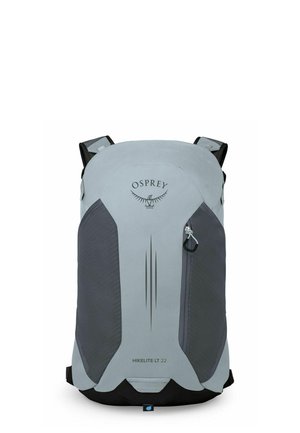 Zaino Osprey Hikelite LT 22 grigio chiaro e grigio scuro con tasca frontale con cerniera e spallacci.