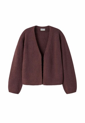 Cardigan doux mauve foncé à ouverture devant, manches longues et texture légèrement duveteuse, présenté sur fond blanc.