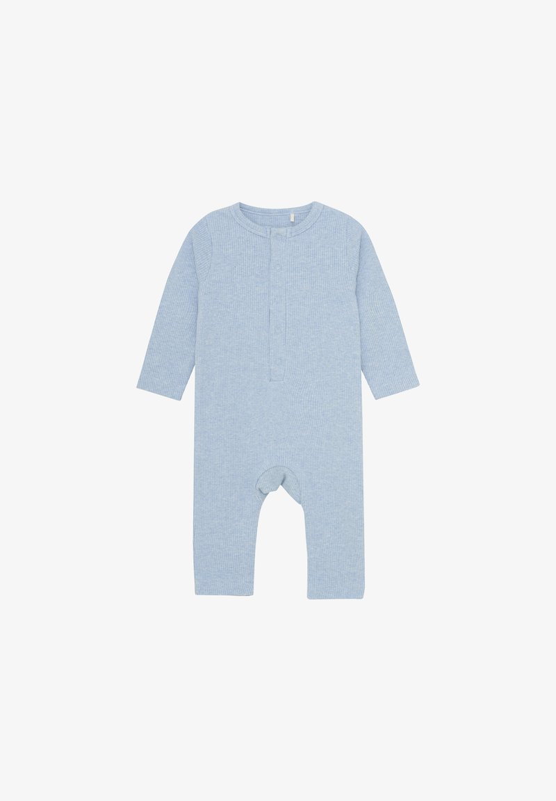 Jasnoniebieski, prążkowany bodziak z długimi rękawami, zapinany na guziki, z otworem na dole. Miękka tkanina o strukturalnym wykończeniu.