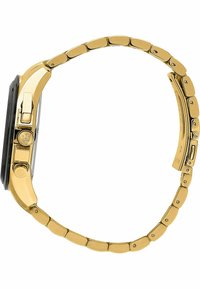 Goldfarbene Armbanduhr mit einem runden schwarzen Zifferblatt, einem verknüpften Metallarmband und seitlichen Knöpfen. Verfügt über ein Logo auf der Krone und eine polierte Oberfläche.