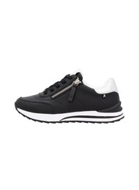 Svarta sportiga sneakers med en texturerad övre del, vita accenter, en sidodragkedja och en svart och vit randig sula.