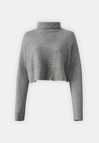 Grijze cropped trui met een hoge kraag, met textuur in horizontale lijnen en subtiele sprankelende accenten. Zachte breimateriaal.
