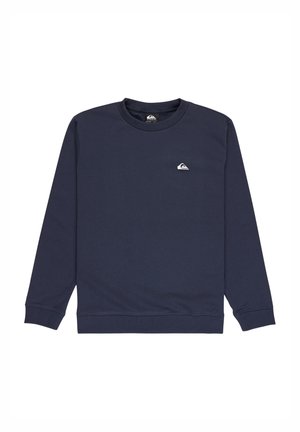 Navyblå langærmet crewneck-sweatshirt med ribbet kant og bund, med lille hvid Quiksilver-logo på venstre bryst.