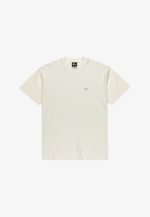 Krémově světle žluté tričko s krátkými rukávy vyrobené z měkké texturované látky s malým šedým logem na levé straně hrudi. Kulatý výstřih.