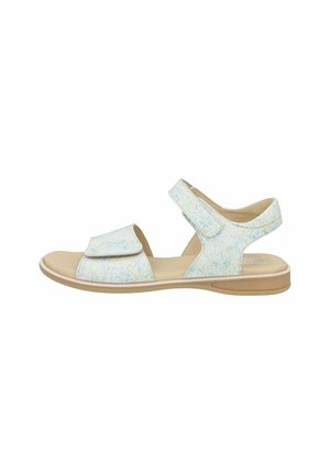 Light blue floral-patterned flat sandal with two adjustable Velcro straps and cushioned beige sole.