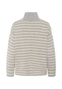 Gray and cream striped sweater with a high collar and loose fit, shown from the back, highlighting the knit texture and design.