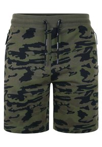 Shorts da uomo verde e nero con motivo camouflage, dotati di una vita elastica e cordini neri, caratterizzati da testo bianco.