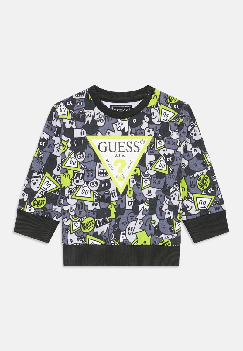 Sweat-shirt noir avec un design graphique de cartoon coloré, accents verts et un logo triangulaire blanc sur le devant.