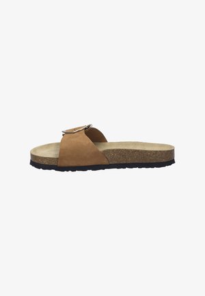 Brown suede slide sandal with a wide strap and metal buckle, featuring a cork footbed and textured black rubber outsole.