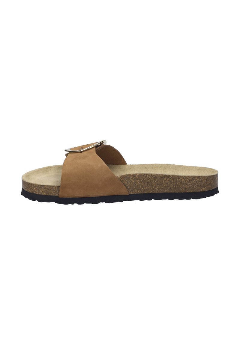 Sandalo scivolato in suede marrone con una fascia larga e fibbia metallica, dotato di sottopiede in sughero e suola in gomma nera testurizzata.