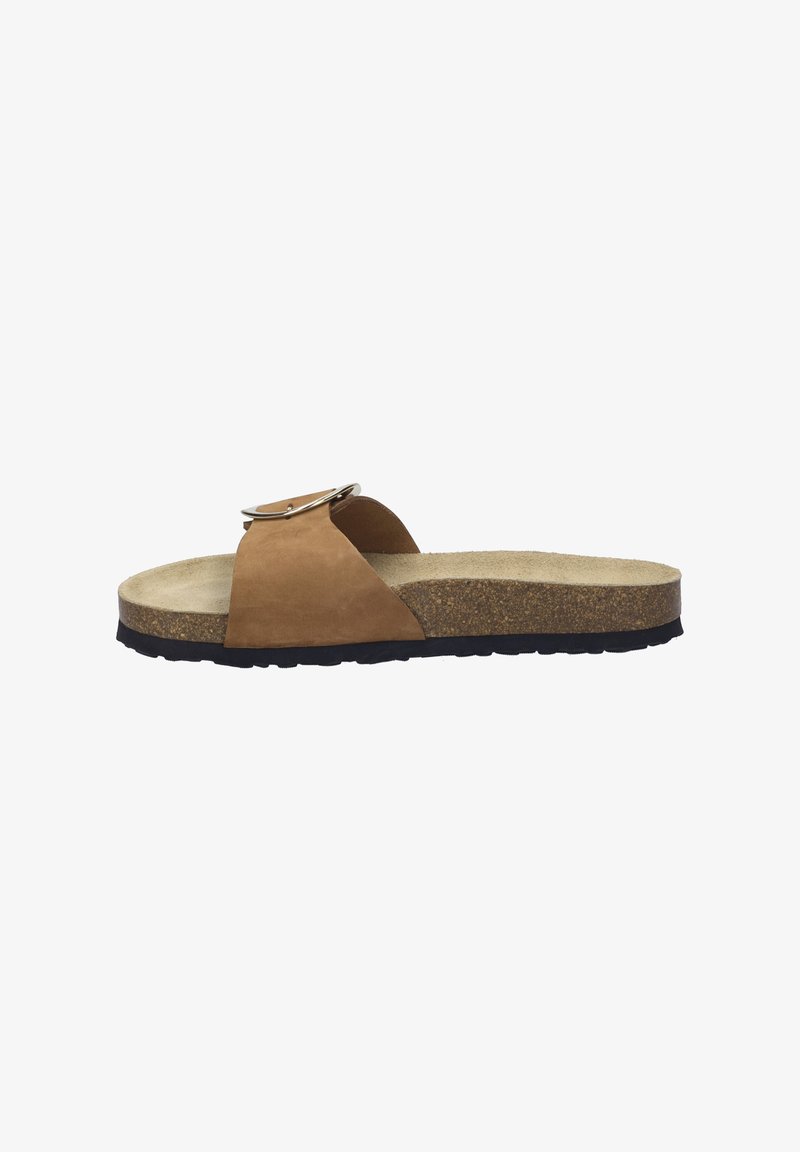 Sandalo scivolato in suede marrone con una fascia larga e fibbia metallica, dotato di sottopiede in sughero e suola in gomma nera testurizzata.