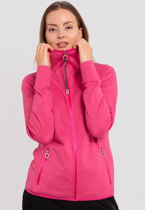 Fleece zip-up jacket in bright pink. Features a high collar, front zip pockets, and contrasting zipper details. Soft texture and sporty design.