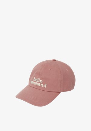 Cappello da baseball in cotone di colore rosa tenue con visiera curvata e la scritta "hello weekend" ricamata in bianco sulla parte anteriore. Tessuto testurizzato con dettagli di cucitura.