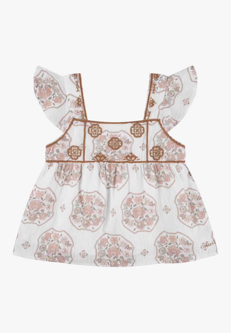 Robe blanche pour tout-petit avec motifs floraux roses et marron, encolure carrée, manches courtes à volants et bordure marron le long des bords du corsage.