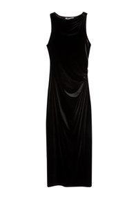 Robe sans manches en velours noir avec une coupe ajustée, un détail drapé sur le côté, une longueur jusqu'au genou, une texture lisse et un design minimaliste.