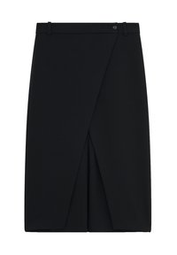 Zwarte pencilrok, gemaakt van geweven stof, heeft een wikkeldesign met een split aan de voorkant en een tailleband met een knoopsluiting.