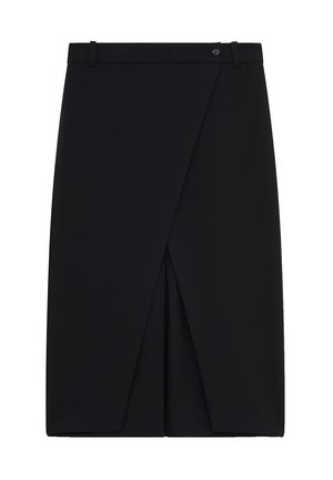 Schwarzer Bleistiftrock aus gewebtem Stoff, mit einem Wickeldesign und einem Schlitz vorne sowie einem Bund mit Knopfverschluss.