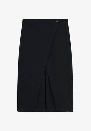 Schwarzer Bleistiftrock aus gewebtem Stoff, mit einem Wickeldesign und einem Schlitz vorne sowie einem Bund mit Knopfverschluss.