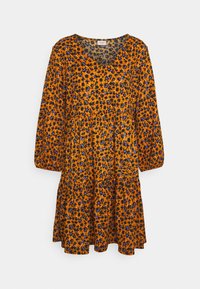 Blommig klänning i orange med svarta och blå blommor, med V-ringning, långa ärmar och en volangkjoldesign. Lättviktsmaterial.