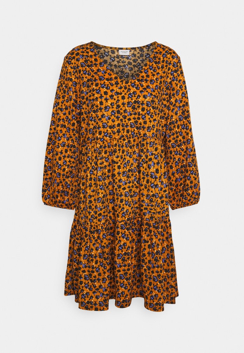 Blommig klänning i orange med svarta och blå blommor, med V-ringning, långa ärmar och en volangkjoldesign. Lättviktsmaterial.