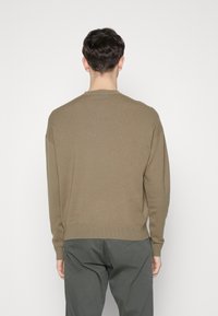 Pull marron en tricot avec manches longues et encolure ronde, présentant un ourlet et des poignets côtelés, assorti à un pantalon vert foncé.