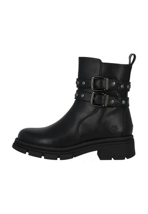 Bottines noires en cuir synthétique avec deux sangles à boucles et clous, un bout arrondi et une semelle rugueuse pour une meilleure adhérence.
