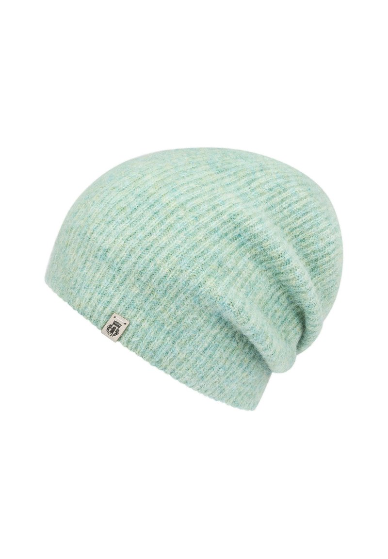 Light blue knitted beanie hat with a ribbed texture. Features a small tag on the side. Soft material with a relaxed fit.