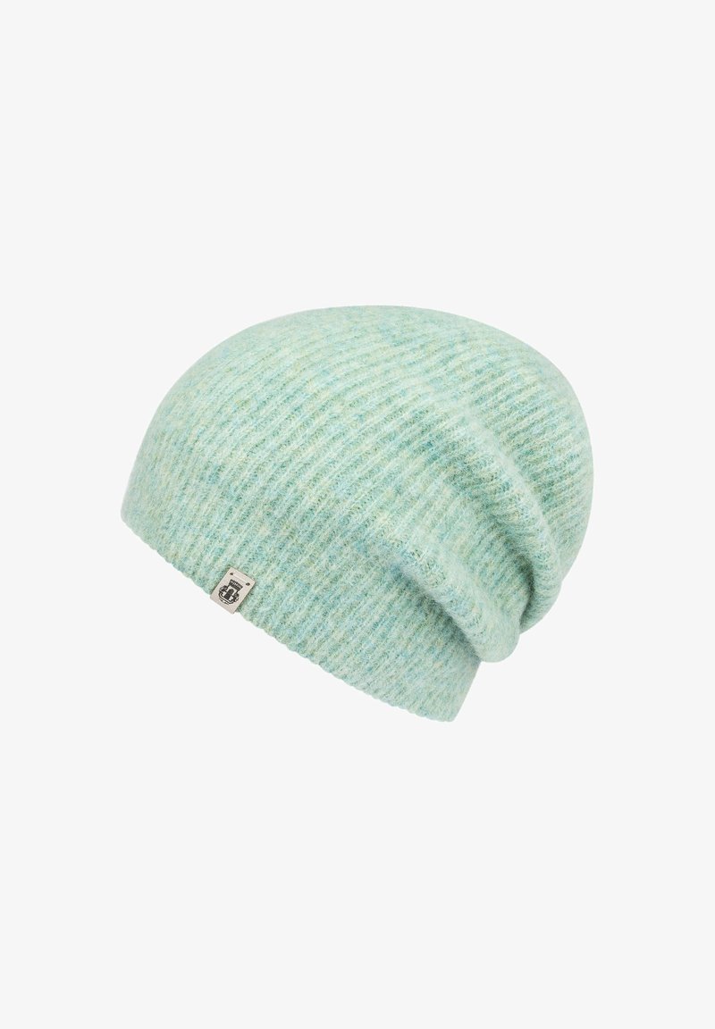 Light blue knitted beanie hat with a ribbed texture. Features a small tag on the side. Soft material with a relaxed fit.