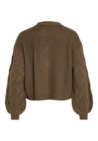 Brun stickad tröja med ribbat mönster på baksidan och fints vävt mönster på de voluminösa ballongärmarna med sittande manschetter.