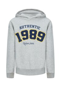 Felpa grigia con cappuccio e grafica frontale. Presenta testo blu e giallo che recita "AUTHENTIC 1989 Retour jeans." Tessuto morbido, polsini a costine.