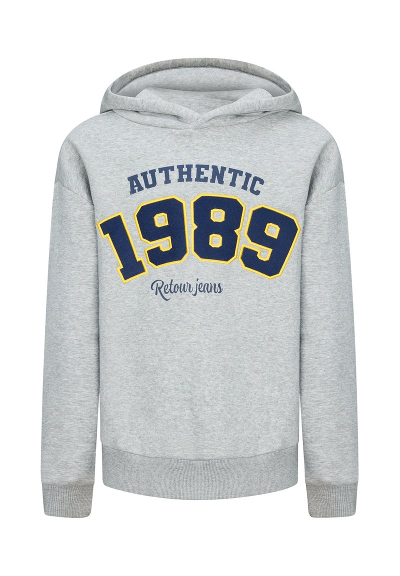 Felpa grigia con cappuccio e grafica frontale. Presenta testo blu e giallo che recita "AUTHENTIC 1989 Retour jeans." Tessuto morbido, polsini a costine.