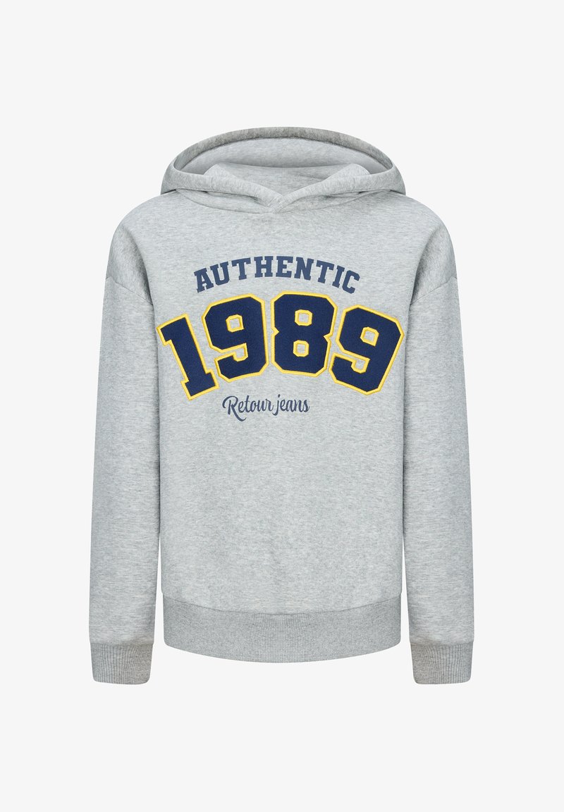 Felpa grigia con cappuccio e grafica frontale. Presenta testo blu e giallo che recita "AUTHENTIC 1989 Retour jeans." Tessuto morbido, polsini a costine.