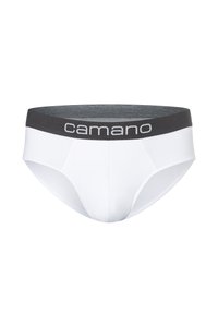 Białe męskie slipy wykonane z bawełny z ciemnoszarym elastycznym pasem, na którym w białym kolorze umieszczona jest nazwa marki "camano".