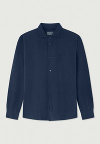 Camicia a maniche lunghe blu navy realizzata in tessuto liscio, con chiusura a bottoni e colletto; presenta un piccolo logo sul petto.