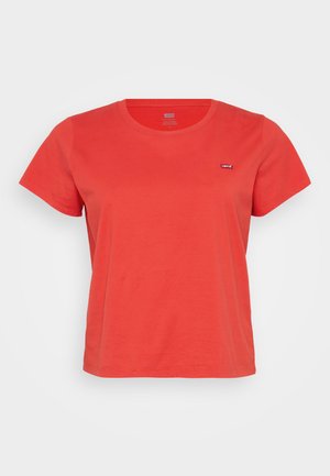 Red cotton t-shirt with short sleeves, round neckline, and a small branded label on the chest. Smooth texture and classic fit design.