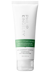 Weißer Tubus mit grauem Text und grünen Akzenten. Das Etikett lautet "Schuppige / Juckende Kopfhaut" und "Anti-Schuppen-Shampoo." Inhalt: 75ml. Glatte Textur.