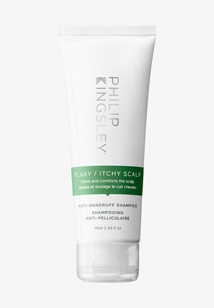 Weißer Tubus mit grauem Text und grünen Akzenten. Das Etikett lautet "Schuppige / Juckende Kopfhaut" und "Anti-Schuppen-Shampoo." Inhalt: 75ml. Glatte Textur.