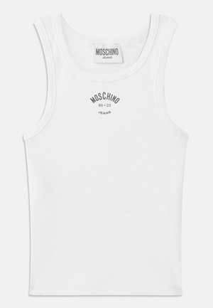Vit räfflad linne med rundad halsringning och breda axelband. "MOSCHINO JEANS" logotyp tryckt i grått på bröstet.