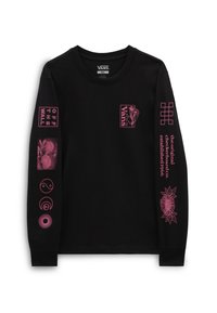 Camicia nera a maniche lunghe in cotone, con stampe grafiche rosa che includono loghi, fiori e simboli su entrambe le maniche e sul davanti.