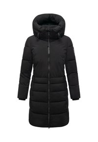 Women's long black padded winter coat with high collar, adjustable hood drawstrings, and front zipper closure.