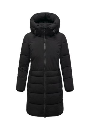 Cappotto invernale lungo da donna, nero, imbottito, con alto colletto, cordini regolabili per il cappuccio e chiusura frontale con cerniera.