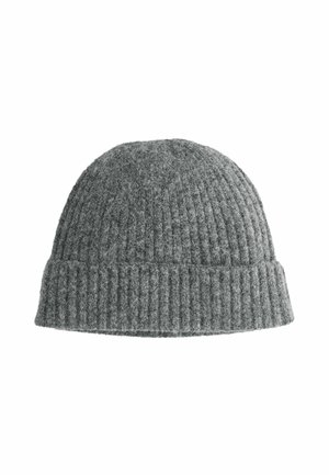 Gray knitted beanie made of wool with a ribbed texture, featuring a folded cuff at the base, rounded top, and a soft appearance.