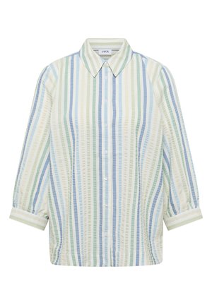 Koszula na guziki z pionowymi pastelowymi paskami w kolorze zielonym, niebieskim i beżowym, z długimi rękawami i ostrym kołnierzykiem.
