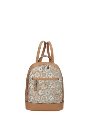Zaino beige e marrone chiaro con motivi geometrici e circolari, tasca frontale con cerniera e due spallacci regolabili.