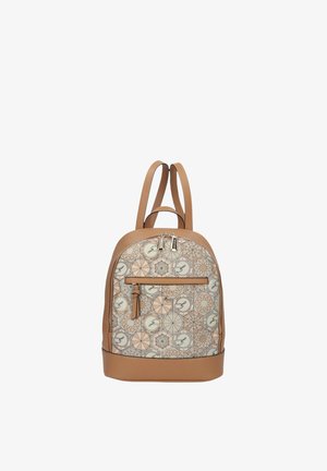 Zaino beige e marrone chiaro con motivi geometrici e circolari, tasca frontale con cerniera e due spallacci regolabili.