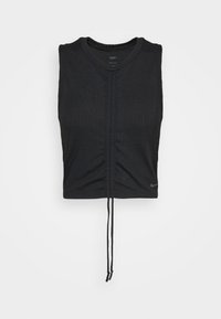 Top corto senza maniche di colore nero con colletto rotondo, sottile rigatura verticale, dettaglio con coulisse centrale e piccolo logo Nike vicino all'orlo.