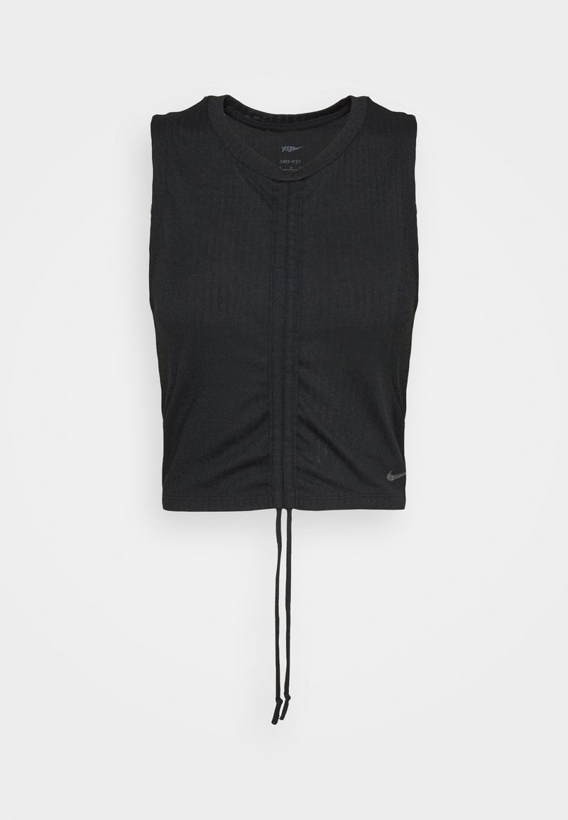 Top corto senza maniche di colore nero con colletto rotondo, sottile rigatura verticale, dettaglio con coulisse centrale e piccolo logo Nike vicino all'orlo.