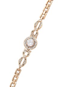 Roosa kuldne käevõru, mille keskel on ümmargune kristall, mida ümbritsevad väiksemad kivid, keeruka linkide disaini ja lillemotiividega.