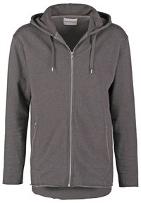 Sweat à capuche zippé gris foncé avec cordons, deux poches latérales zippées et un ourlet incurvé.